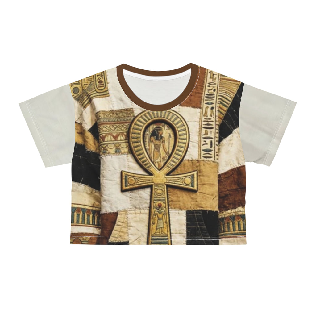 Egyptian print Crop Top Tee — Vintage Ankh & Script All-Over Print