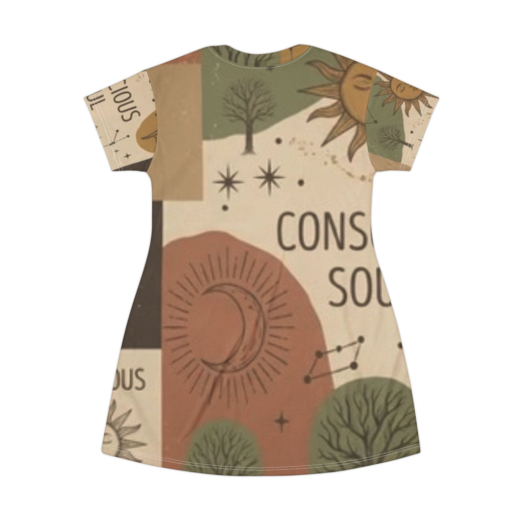 Conscious Soul T‑Shirt Dress — Boho Sun & Moon All‑Over Print