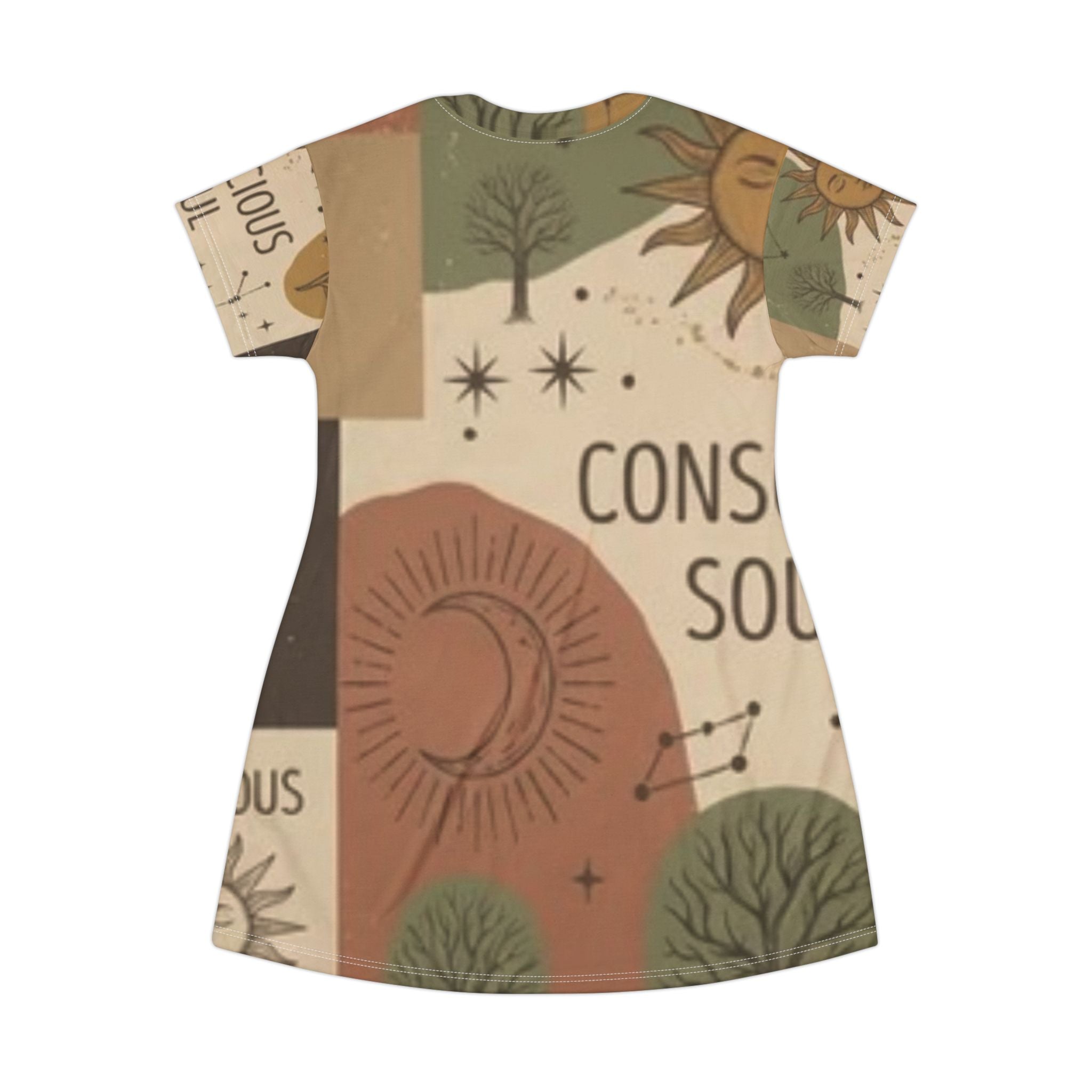 Conscious Soul T‑Shirt Dress — Boho Sun & Moon All‑Over Print