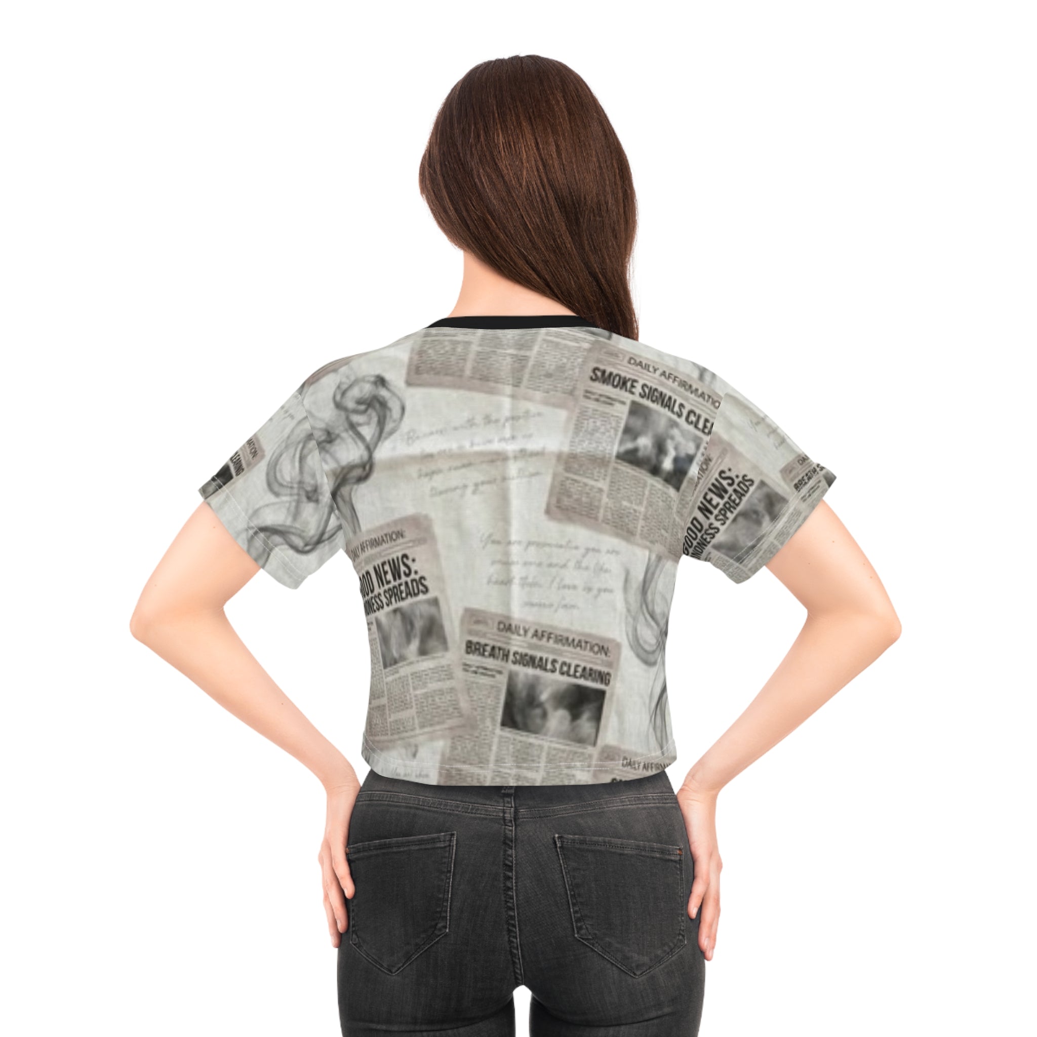 Newspaper Collage Crop Tee — Positive Headlines & Smoke Print
