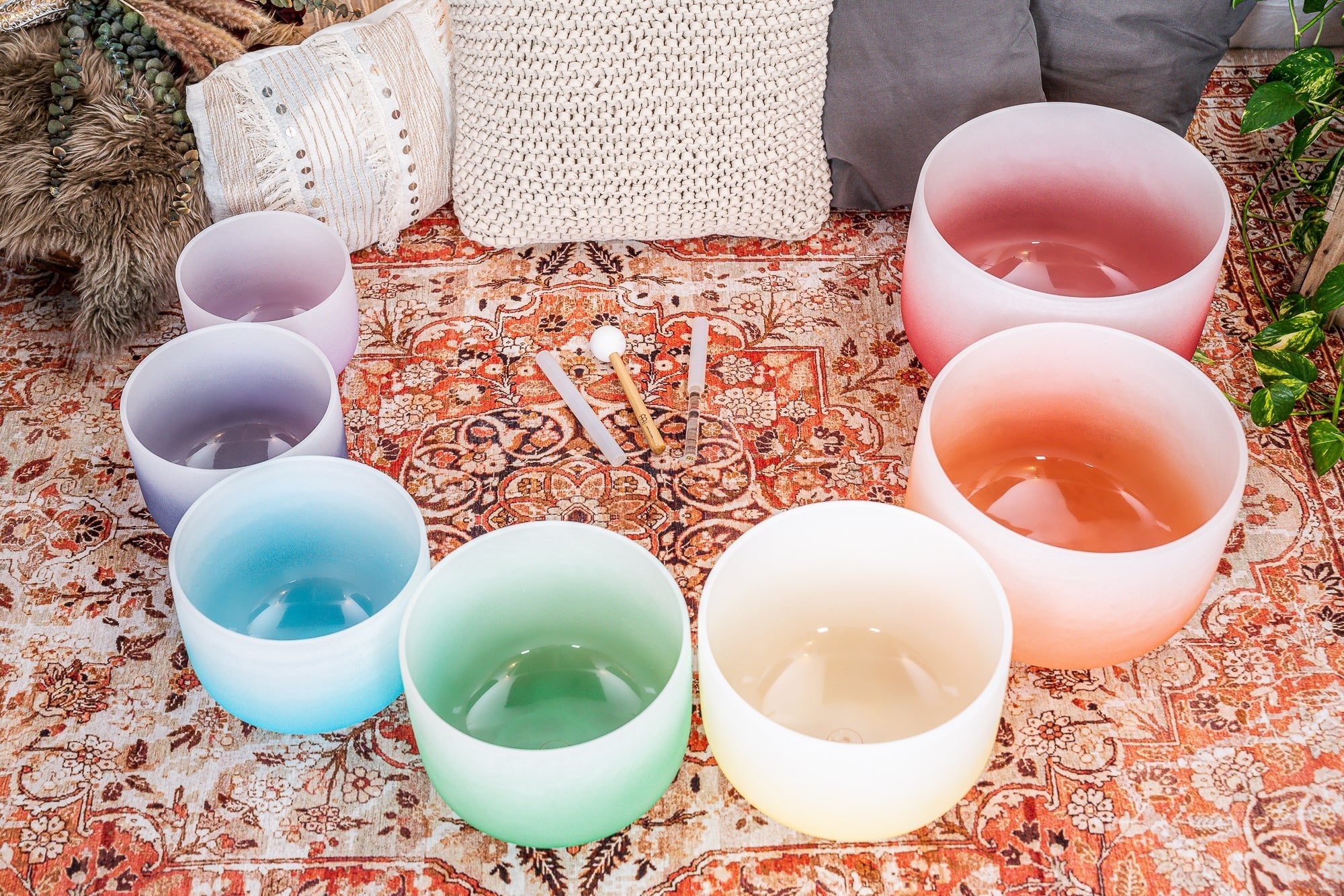 7 Chakra Color Quartz Crystal Singing Bowl Set (8"-14")