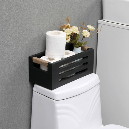 HXGONYI Wood Toilet Paper Holder Basket with Handles Black 12x5.9x4.9in