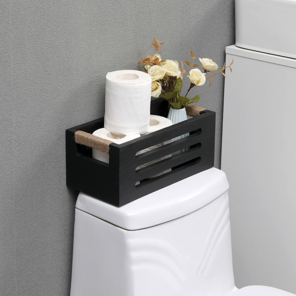 HXGONYI Wood Toilet Paper Holder Basket with Handles Black 12x5.9x4.9in