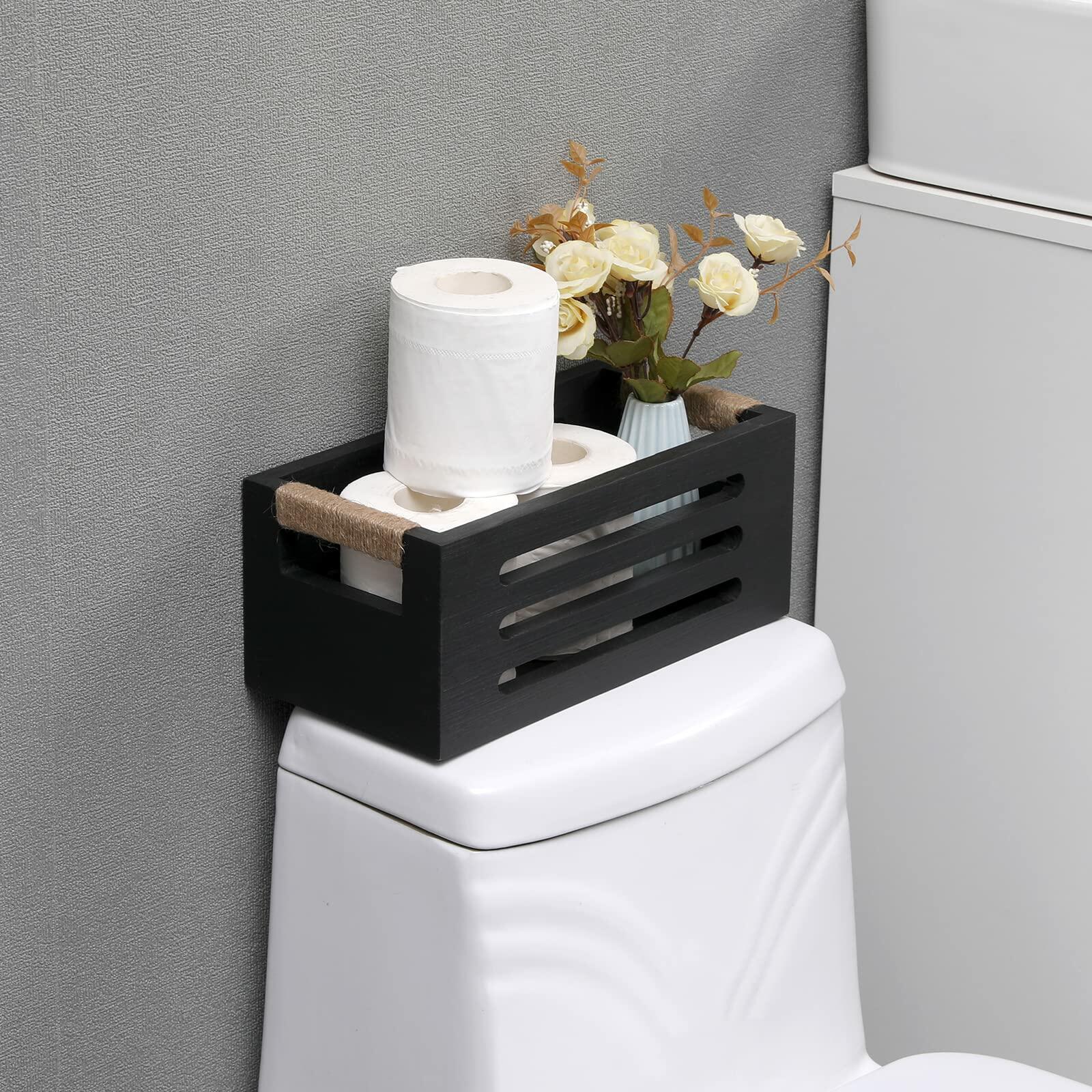 HXGONYI Wood Toilet Paper Holder Basket with Handles Black 12x5.9x4.9in